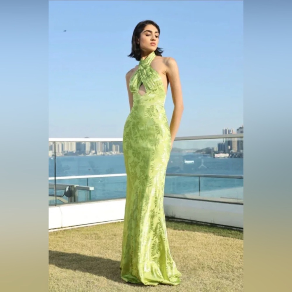 Sau Lee Liv Gown - Satin Jacquard - Lime Green - Size 0